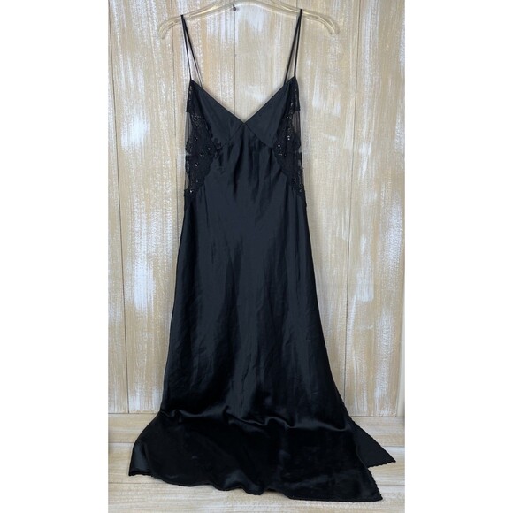 Victoria's Secret Other - Y2K Victoria’s Secret S Long Sexy Slip Nightgown Black Satin Sequin Lace Slit